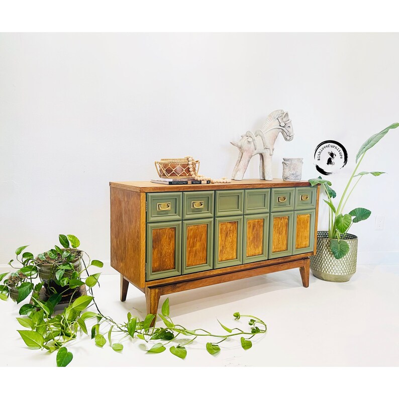 Mid Century Modern lowboy/ Two tone Dresser/ Boho Inspired/Chest of drawers / green dresser/ Eclectic design image 10