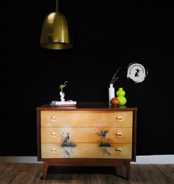 Mid-century Modern 3-drawer Dresser With Hand-painted Crane Landscape - Etsy