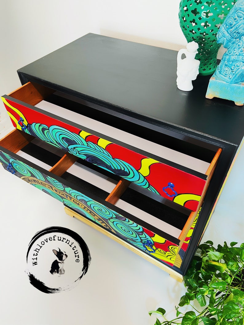 Mid Century Highboy Fairy tale Inspired Bedroom Storage Cabinet. Colorful Entryway Dresser. Whimsical Tallboy image 6