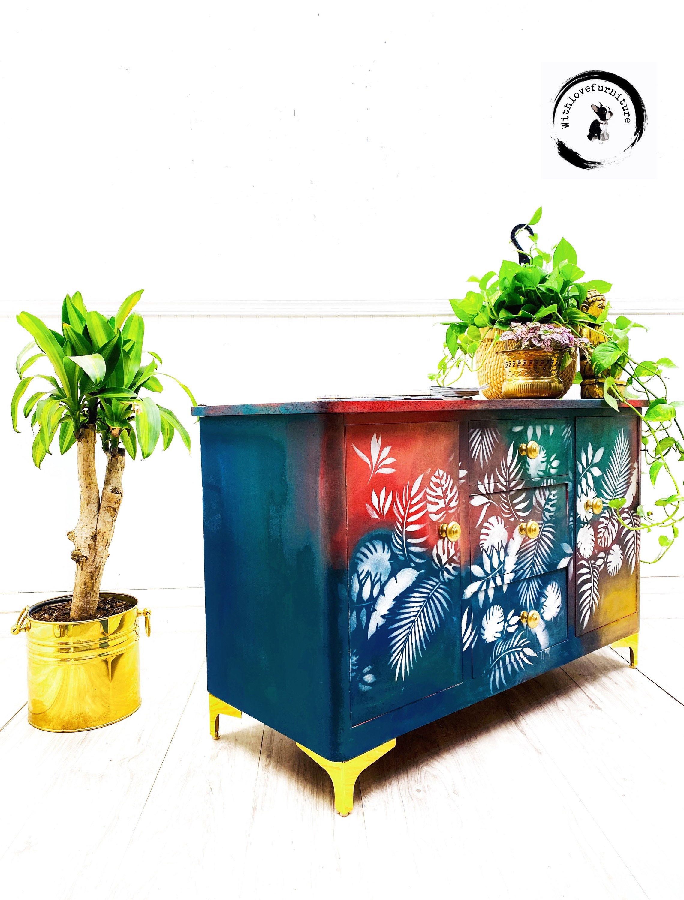 Furniture Home & Living Mid Century Cabin Eclectic Buffet Boho Painted Dry Bar Colorful Entryway