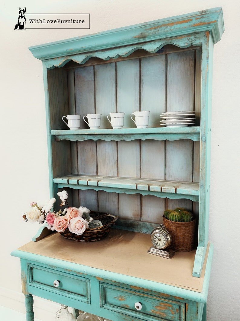 Farmhouse Hutch with Open Shelving. Distressed Painted Hutch. Etsy