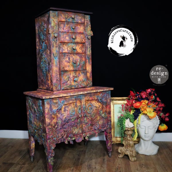 Hand-Painted Grunge Jewelry Armoire: Floral Appliqués, Patina Finish
