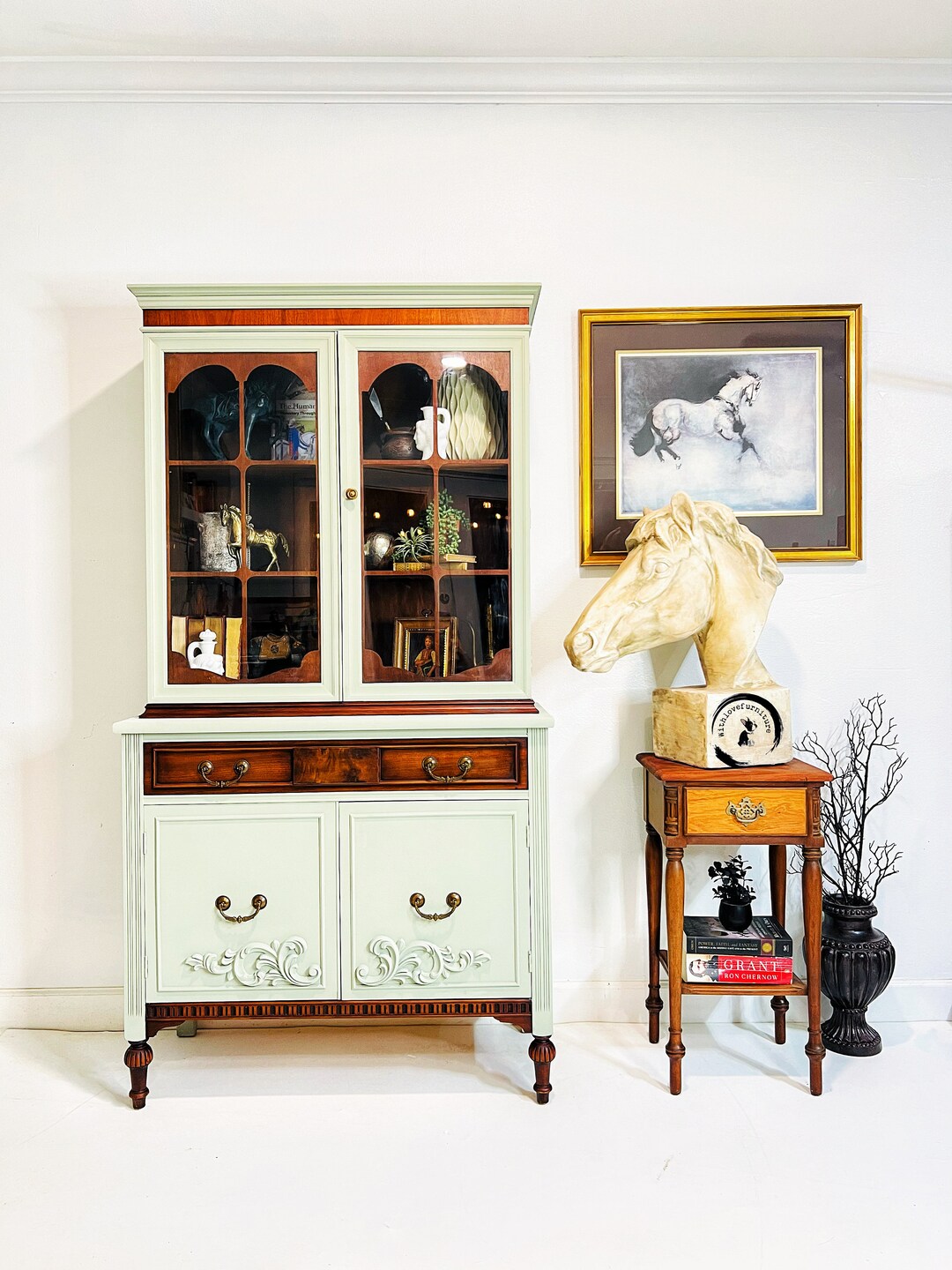 Farmhouse Hutch With Open Shelving. Painted Hutch. Small Hutch