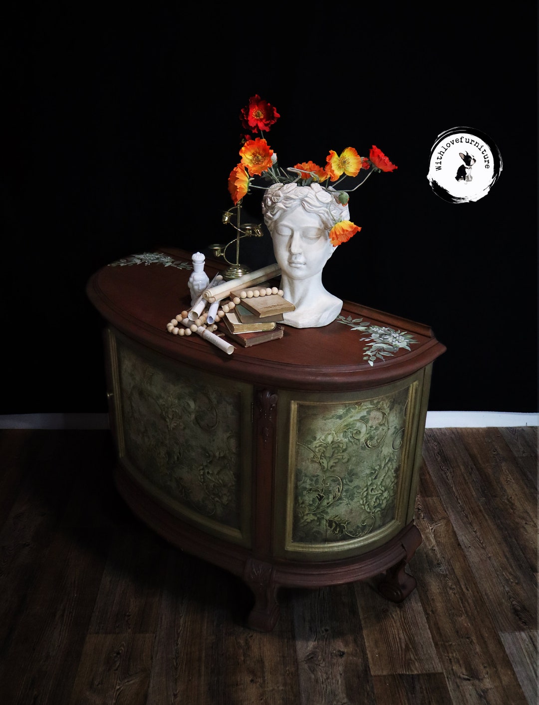 Louis XVI Style Walnut Halfmoon Credenza Hand Painted Chateau Inspired Buffet. Storage