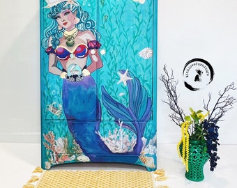 Nautical Painted Wardrobe. Vintage Seaside Inspired Armoire. Refinished Artistic Dresser. Coastal Furniture. Mermaid Girls Bedroom Chest