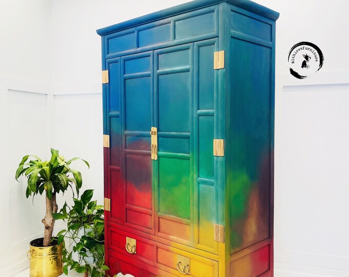 Oriental Armoire. Boho Painted Dry Bar. Asian Inspired Cupboard. Dining Room Storage