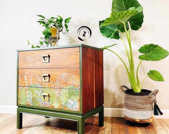 Mid Century Modern Dixie Eclectic dresser hand Painted tropical Inspired . Bedroom oversized nightstand/dresser. Colorful Entryway chest.