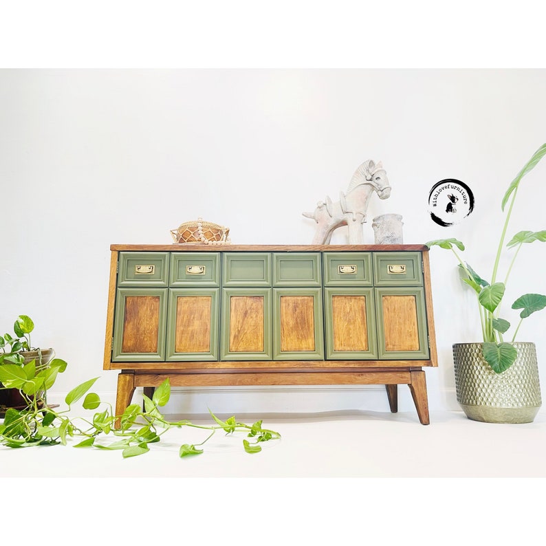 Mid Century Modern lowboy/ Two tone Dresser/ Boho Inspired/Chest of drawers / green dresser/ Eclectic design image 6