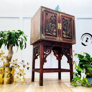 Oriental Chest. Boho Painted Dry Bar. Asian Inspired Cupboard. Dining Room Storage Cabinet. Colorful Entryway Cabinet. Chinoiserie Cabinet.