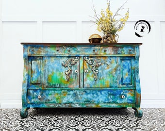 Eclectic Buffet Boho Painted Dry Bar. Ocean Inspired Cupboard. Dining Room Storage Cabinet. Colorful Entryway Cabinet. Emperors Buffet