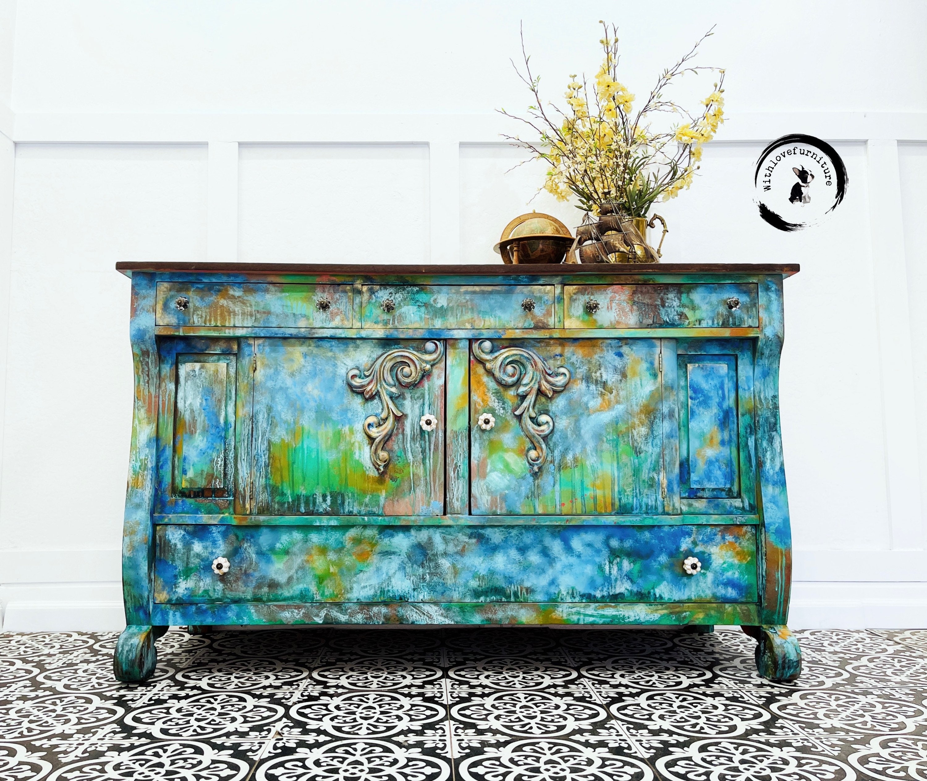 Eclectic Buffet Boho Painted Dry Bar. Ocean Inspired Cupboard. Etsy