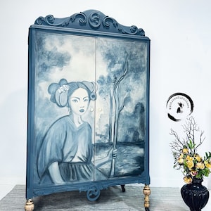 Antique Wardrobe with freehand design on doors / Hand painted 19th Century  wardrobe / Armoire Bedroom Storage Cabinet. Whimsical Armoire