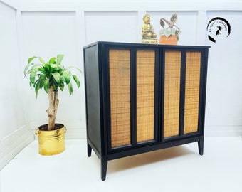 Mid Century Modern Tallboy /boho chest of drawers/ Hollywood Regency Highboy/black cane dresser