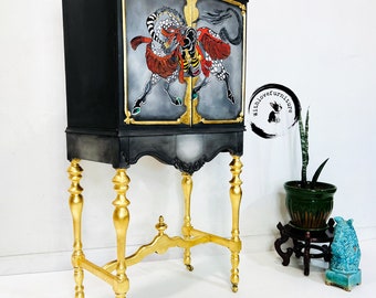 Eclectic Storage Cabinet hand Painted Japanese  Inspired. Bedroom Storage Cabinet. Colorful Entryway Cabinet. Whimsical Radio Cabinet.