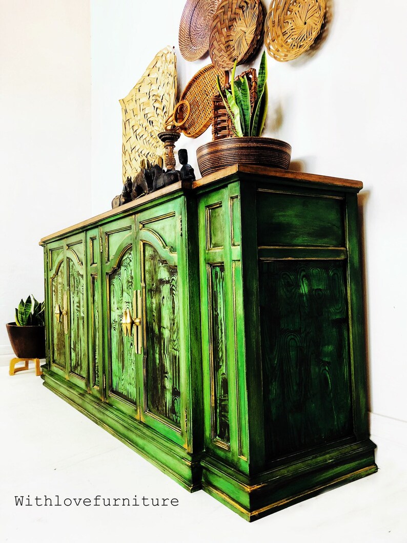Green Rustic Credenza. Vintage Painted Sideboard. Boho Buffet Etsy