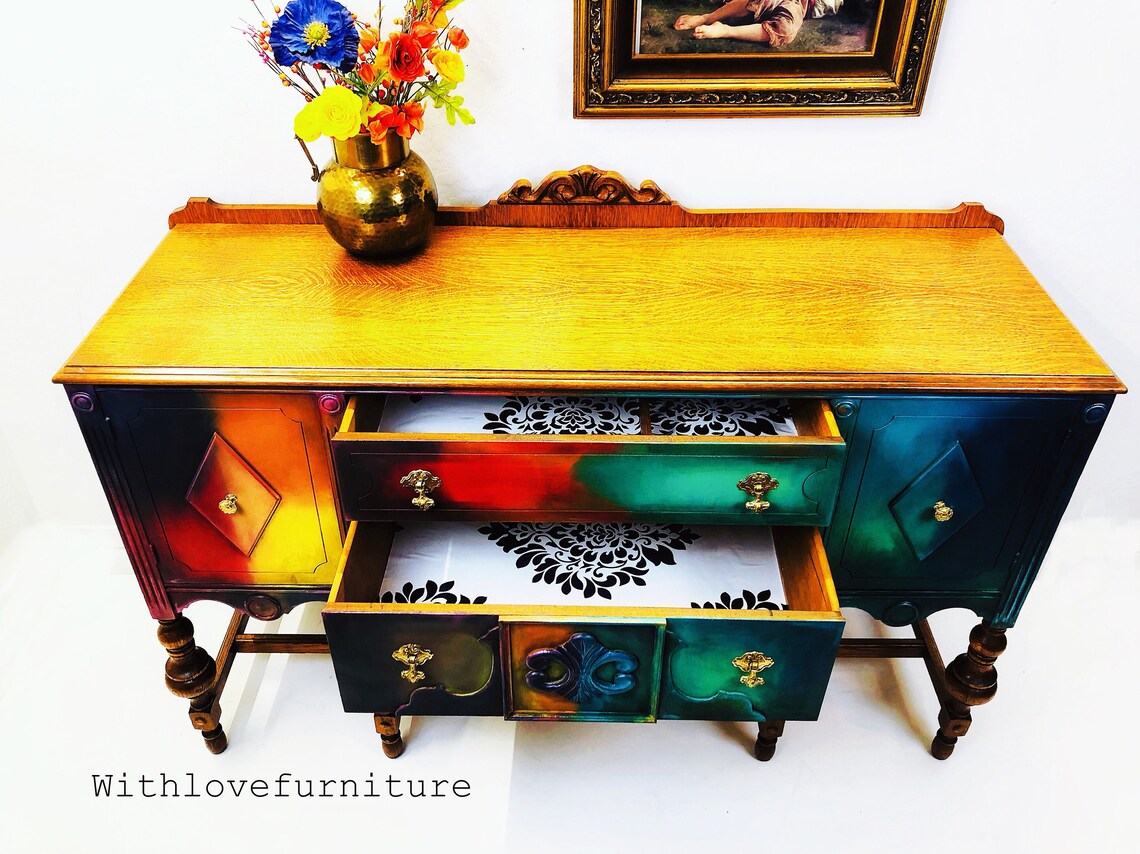 Buffet de aparador Boho. Vintage pintado Credenza servidor. | Etsy