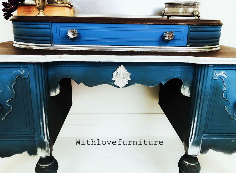 Antique Vanity with attached Mirror. Vintage Blue Vanity. Etsy