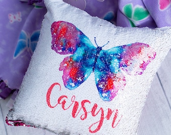 Personalized Sequin Butterfly Pillow Cover – Watercolor Design