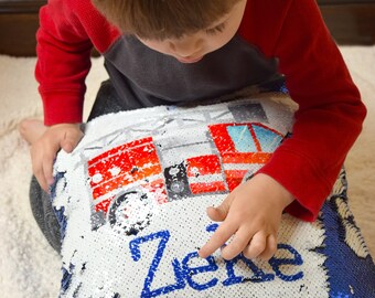 Personalized Firetruck Sequin Pillow Cover – Watercolor Design