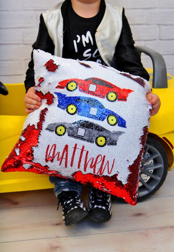 Personalized Race Car Pillow Cover - Flip Sequin Boy Bedroom Decor
