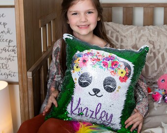 Personalized Panda Sequin Pillow Cover – Flower Crown, Kids Gift