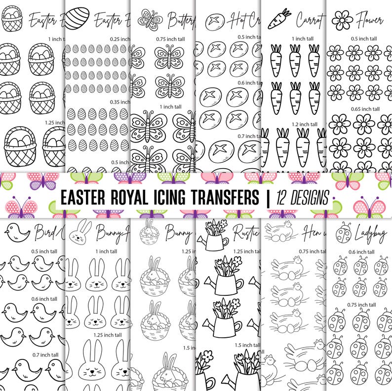 Puede incluir: Un conjunto de 12 dise&ntilde;os de transferencia de glaseado real imprimibles con tem&aacute;tica de Pascua. Los dise&ntilde;os incluyen un conejito, un p&aacute;jaro, una gallina, una mariquita, una mariposa, una zanahoria, una flor, un bollo de cruz caliente y un huevo de Pascua. Cada dise&ntilde;o est&aacute; delineado en negro e incluye medidas en pulgadas.