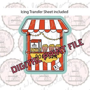 May include: A popcorn stand illustration featuring a red and white striped awning, a popcorn machine, three striped popcorn cups, and a yellow sign with the text Popcorn and a price tag labeled $1. The text Icing Transfer Sheet included is visible.