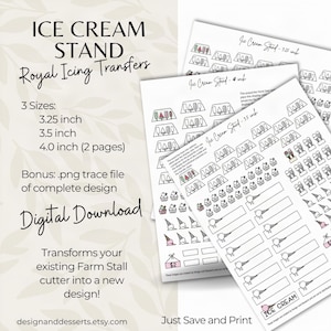 Op de afbeelding: Een digitale download voor royal icing transfers met een ijskraamontwerp. De set bevat drie maten: 8,26 cm, 8,89 cm en 10,16 cm. De pagina's tonen zwart-witte lijntekeningen als sjablonen voor ijsjes, ijshoorntjes en bordjes.