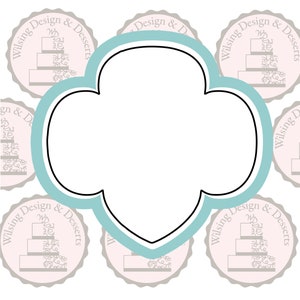 May include: A light blue and black four-leaf clover shape with a white background. The clover is surrounded by six gray and white circular stamps with the text "Wilsing Design & Desserts" and a stylized cake design.
