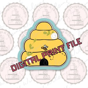 May include: A yellow beehive design with a cartoon bee and floral accents. The image has the text "DIGITAL PRINT FILE" in pink. The design is outlined in a light blue color and is surrounded by a repeating pattern of a logo.