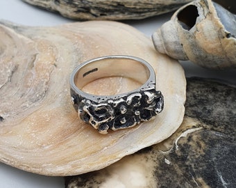 Blackened Silver Ocean Treasure Signet Ring, Unique Chunky Handcrafted Statement Design with Organic Rock Pool Barnacle Details. UK Size O.5