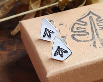 Geometric Solid Silver Stamped Stud Earrings - Handcrafted using Recycled Sterling Silver. Blackened Details, Modern Sustainable Jewellery