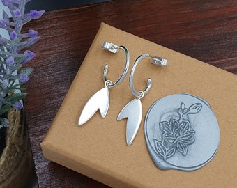 Leaf Silhouette Silver Hoop Earrings - Handmade Minimalist Style Classic Hoops - Solid Sustainable Sterling Silver - Timeless Jewellery