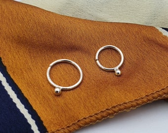 Small Sphere Eco Silver Septum Ring - Simple Minimalist Design - Thick Hoop 1.2mm / 16G with Ball Detail - Sturdy Twist Open & Closed Hoop.