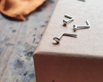 Tiny Organic Silver Pebble - Handmade Nose Stud, Minimalist Design Crafted Using Recycled Sterling Silver. L Shaped Bar, 0.8mm (20 Gauge)