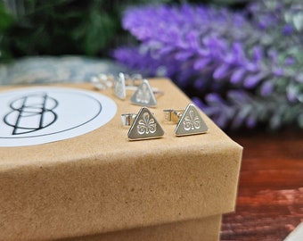 Dainty Filgree Style Triangle Studs - Solid Recycled Sterling Silver Earrings. Handcrafted Design with Unique Detail. Everyday Jewellery
