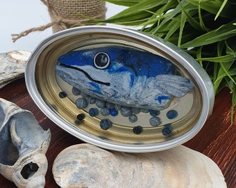 Sardine Head Ornament - Tinned Fish Sculpture, Handcrafted Unique Fimo Clay and Resin Design in Real Tin. Home Decoraction for Kitchen.