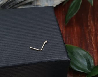 Dainty Solid Gold Nose Stud - Tiny Organic Sphere Eco 9ct Gold, Minimal and Sustainable. L Shape Bar Fine 0.8mm/Extra Fine 0.6mm 20/24 Gauge
