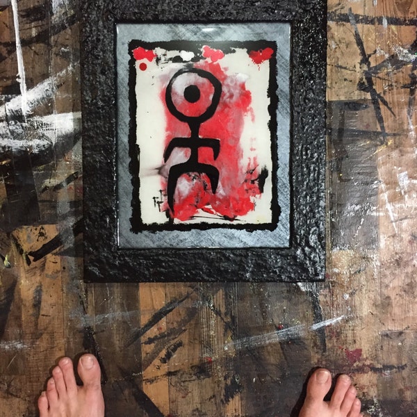 Toltec Or Olmec Cave Painting & Einstürzende Neubauten Logo Original Mixed-Mediums Screen Print in Kustomized Refurbished Frame - DIY ART