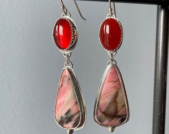 Carnelian Rhodonite Drop Earrings. Sterling Silver Dangle Earrings.