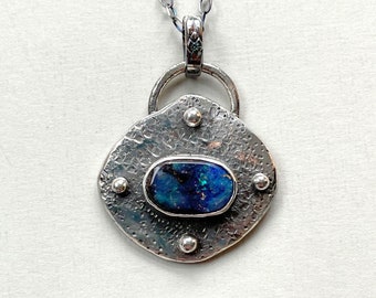 Australian Opal, Boulder Opal Necklace, Sterling Silver, Opal Charm Pendant. Australian Opal Sterling Silver Necklace.