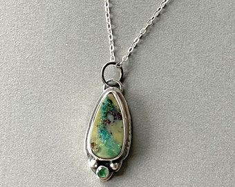 Australian Boulder Opal Emerald Necklace, Boulder Opal Necklace, Sterling Silver, Handmade