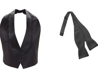 New Black Satin Adjustable Tuxedo Vest and matching and self tie Bow Tie