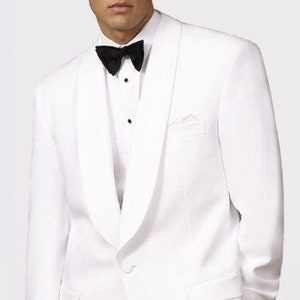 May include: A white tuxedo jacket with a shawl collar and a single button closure. The jacket has a black satin lapel and a black bow tie.