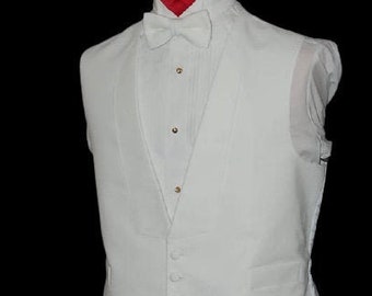 100% COTTON White Pique Full Back Tuxedo Vest and matching Self Tie Bow