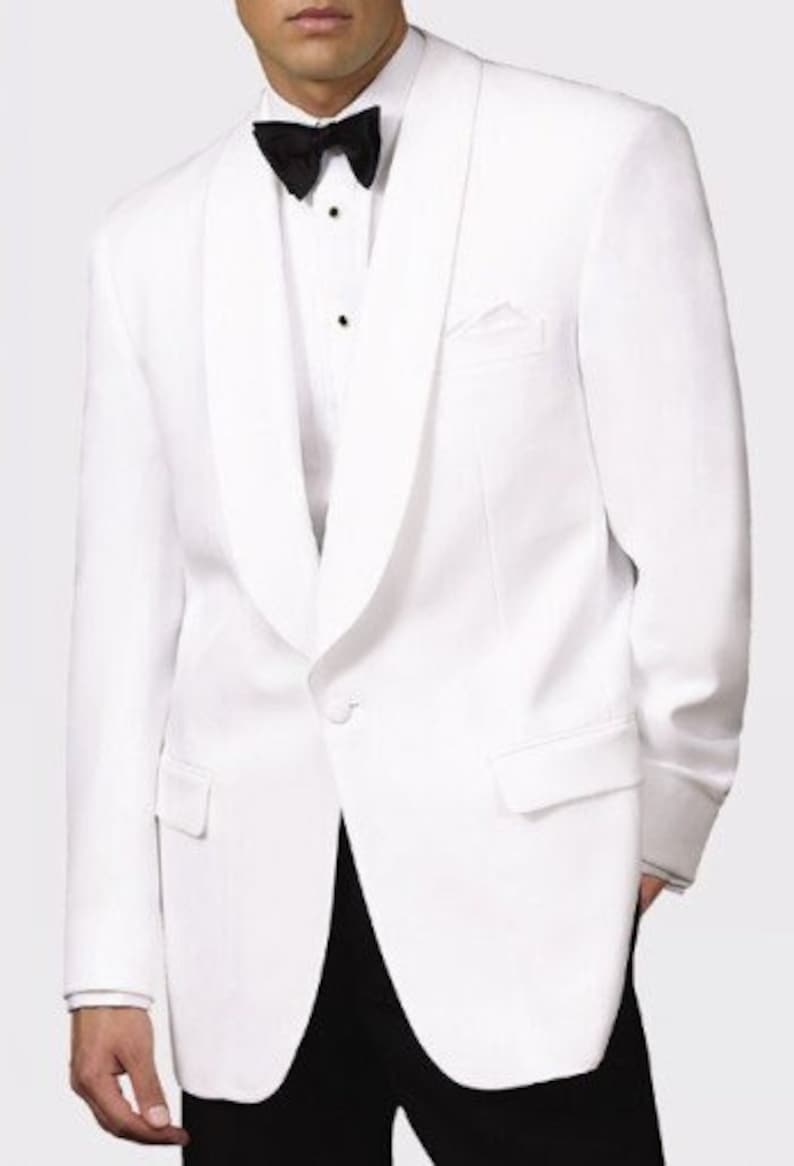May include: A white tuxedo jacket with a shawl collar and a single button closure. The jacket has a black satin lapel and a black bow tie.