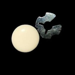 May include: A white round button with a metal clip. The clip has a C-shape with a small metal tab.