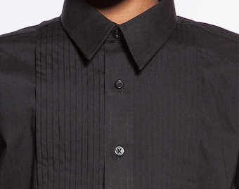 New Black Tuxedo Shirt Laydown Spread Collar
