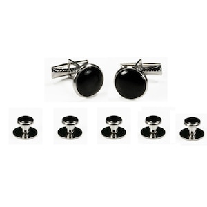 Silver and Black Vintage Cuff links and studs 2 Cuff links and 5 Studs