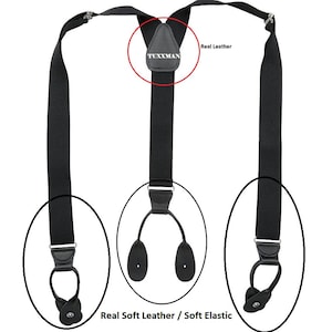 Men&#39;s New Black Suspenders Real Black Soft Leather button on braces, Soft elastic. Formal Wedding Groomsmen